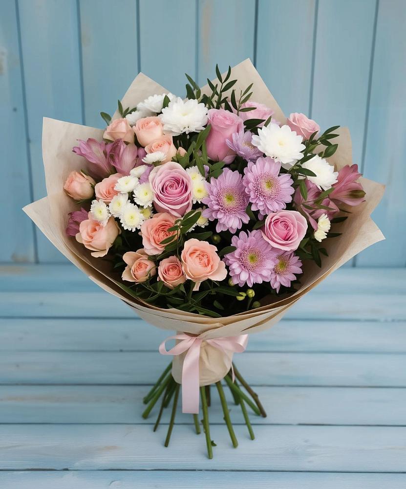 Букет цветов из: Хризантемы, Розы и Альстромерии в Козет