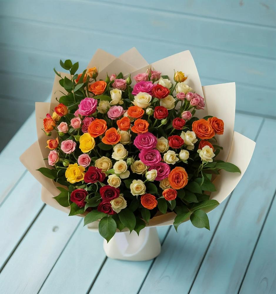 Букет Микс из разноцветных кустовых роз в Козет